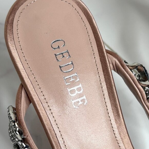 Gedebe Beige Satin LILY Crystal Embellished Chain Kitten Heel Mules Sandals 37.5 - Picture 4 of 9